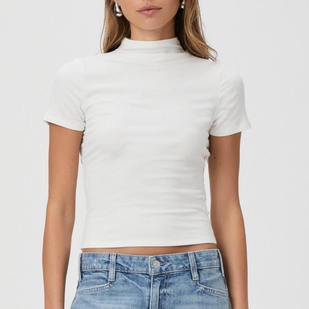 NWT PAIGE Blanche Mock Neck Ribbed Short Sleeve Top Size L Ivory / White